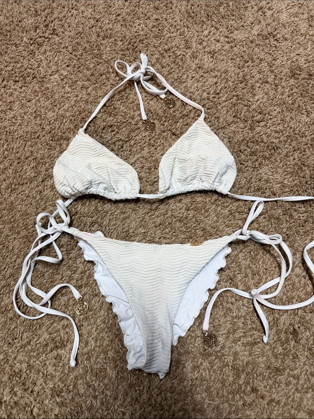 LULI FAMA ivory Textured Tie-Side Bikini Set - Women's Swim